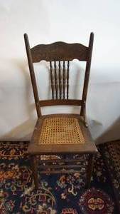 lot 41 image: Three Antique Oak Chairs with Cane SeatSpindles and Hand Carved Back