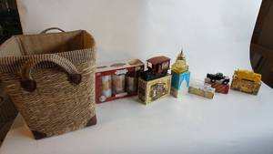 lot 44 image: Large 13 x 13 x 15 unique lined wicker woven basket with vintage Avon decanter And three piece set Fall decor flameless candles