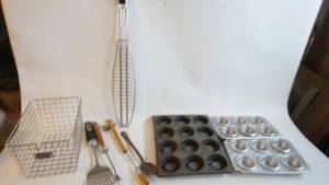 lot 47 image: Vintage cupcake tins grilling utensils wire basket