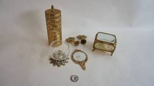lot 79 image: Brass finial perfume toppers, vanity accessories including perfumehairspray cover beveled glass pocket mirror, Antique French beveled glass Crystal jewelry box etc