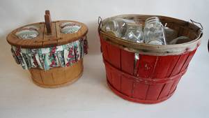lot 84 image: Vintage Fabric lined Oak Applesewing basket, Bushel basket of canning jars