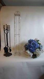 lot 90 image: 6 x 6 x 44 wire floortable top display, vintage cast-ironbrass fireplace utensil set, artificial floral arrangement hydrangeamums