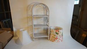 lot 96 image: Cute table top rattan three tiered shelf 14 x 9 x 33, three lampshades two matching