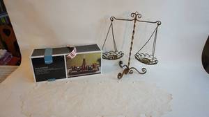 lot 102 image: Vintage ornate brass balance, doily, candle centerpiece new in box