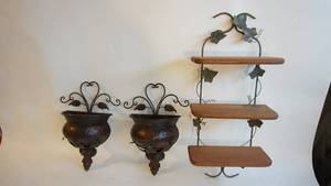 lot 103 image: 12 x 6 x 24 green leaf wrought iron three tier wood shelf, Two 9 x 5 x 16 wall mount urns