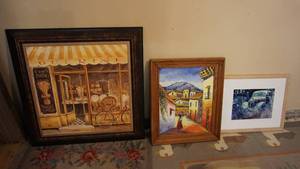 lot 130 image: 31 x 31 GUERINI  Bakery artwork from Italy, 20 x 24 original oil painting the streets of India, 22 x 18 diamond in the rust signed print 46250