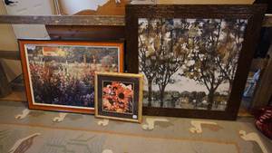 lot 131 image: 40 x 28 uniquely framed farm garden, 18 x 18 daisies print, 39 12 x 39 12 trees print