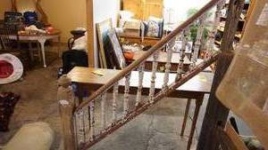 lot 135 image: Antique wood spindled Painted stair rail with a 68 inch slant including Bottom post very cool