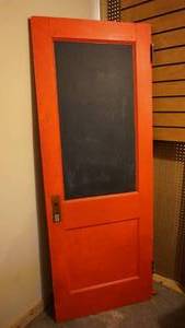 lot 137 image: 30 x 79 vintage oak door glass replaced with chalkboard