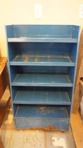 lot 148 image: Metal garage oil()cart on wheels 24 x 16 x 46 tapered metal tiered cart
