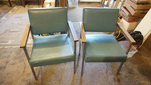 lot 170 image: Two industrial heavy steel legged chairs 24 x 24 x 32 with wood arm rest
