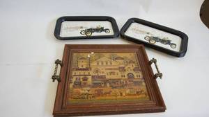 lot 190 image: Set up eight metal serving trays Old Ford jalopies, Photo framed Glass serving tray