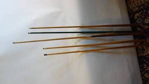 lot 207 image: Lot of five vintage pool cues with the green 52 inch Billiards cue being close to mint
