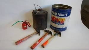 lot 209 image: Antique Gas Can (Eagle) 12 with original Screw Caps, 12 inch frigid fruits Tin can etc.