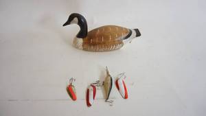 lot 212 image: Signed Canadian goose decoy by Jennings decoy company, assorted fishing tackle