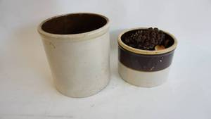 lot 222 image: Vintage Stoneware CrocksTwo-Tone With Brown Inside Salt Glazed 6 12 X 9, 2 Gal Unmarked Stoneware Salt Glaze Crock Tan OutDk Brown Inside