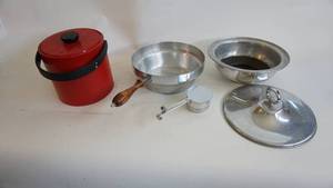 lot 230 image: Red vinyl ice bucket with Lid, stainless steel double boiler with wood handle,  8 ounce stainless steel fuel holder