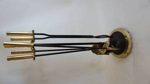 lot 239 image: Classy and heavy Brasswrought iron fireplace utensil set