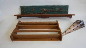 lot 241 image: 35 x 4 x 8 Wood decor wall shelf, metal wall pocket hanging cone, 20 x 3 x 12 Wall mount   Magazinebookbook bracket