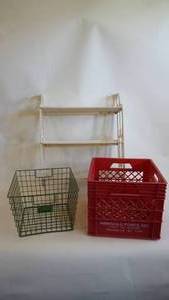 lot 249 image: Plastic marigold foods milk crate, 12 inch green metal crate, wall shelf 20 x 6 x 26