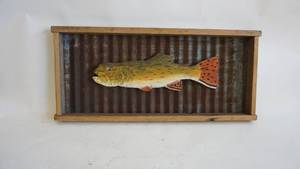 lot 251 image: Unique custom wall decor with wood carved fish on galvanized Tin 26 x 1 12 x 12