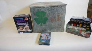 lot 255 image: Metal lined Cloverleaf milk boxcooler, three assorted games including Texas Hold Em
