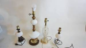 lot 256 image: Milk Glass Lamps, Tallest is 18 inches, 11 inches, 10 inches, includes one 15 inch glass crystal brass lamp