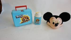 lot 269 image: Vintage Mickey Mouse hat, vintage 1974 Benji Dog Joe Camps lunchbox with thermos and lid(no cup)
