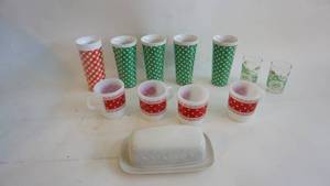 lot 272 image: MCM Five Plastic insulated Polkadot tumblers 6 inch, and four Pyrex coffee cups, covered butter dish etc.