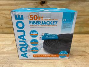 lot 122 image: AQUA JOE 12 in. Dia x 50 ft. Flexible Kink-Free Fiberjacket Garden Hose, Metal Fittings