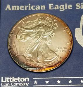 1997 AMERICAN SILVER EAGLE 1 TROY OZ .999 FINE SILVER LITTLETON TONED