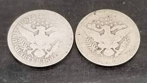 2 US BARBER QUARTERS 1899 1908-D