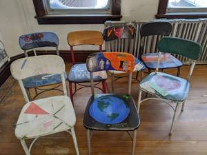 lot 520 image: 7 metal framed wooden chairs all un...