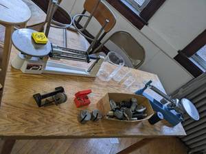 lot 551 image: 2 triple beam scales with weights f...