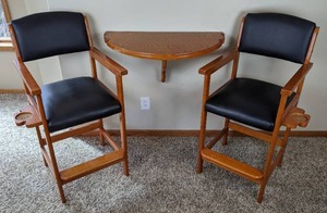 lot 14 image: Wall Mounted Pub Table and Two Billiard Spectator Chairs Set