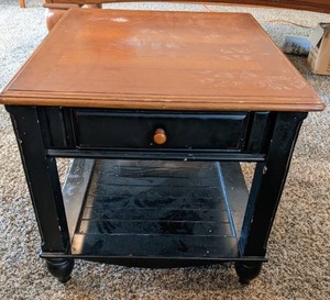 lot 98 image: End Table with Wood TopBlack Base, Bottom Shelf and Drawer Storage