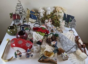 lot 125 image: Assortment of Christmas Decorations Angels, Candy Dish, Table Runner, and More
