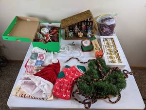 lot 192 image: Collection of Christmas Decorations Hand Towels, Ornaments, Nativity Set, Garland, Etc. 
