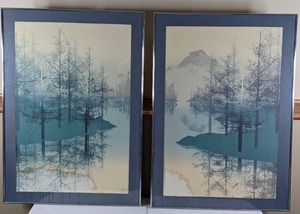 lot 60 image: Landscape Wall Art Pair Mountains, Trees, Water