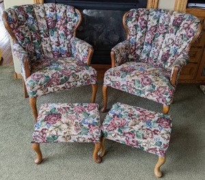 lot 32 image: Pair of Vintage Floral Shell Back Chairs with Matching Footstools