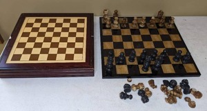 lot 69 image: Pair of Chessboards 1 Marble, 1 Wood, with Pieces and More
