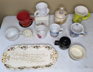 lot 85 image: Kitchenware Lot  Approx 13 Pieces, Mugs, Vintage Treasure Craft Honey Pot, Kitchen Timer and More