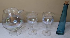 lot 112 image: Pearlescent Glass Pitcher & Glasses, Blue Glass Bottle - All owned by Anne Burqhart, Star Trib Food Editor