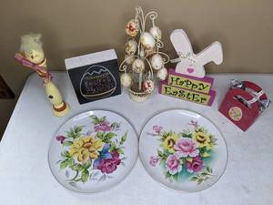 lot 128 image: Assortment of Easter Decorations Set of (2) Hand Painted Floral Plates, Happy Easter Sign, Decorative Egg Ornament Tree, More