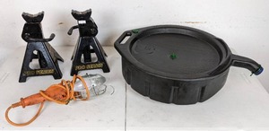 lot 80 image: Automotive Lot  Pair of Torin Blackjack 3 Ton Jack Stands, Hanging Work Light and an Oil Pan