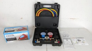lot 29 image: NEW Pittsburgh Automotive AC Manifold Gauge Set and Air Vacuum Pump with R134A and R12 Connectors