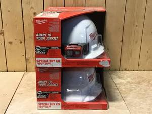 lot 24 image: Lot of 2 Assorted  450 Lumens LED SpotFlood Headlamp with Hardhat by Milwaukee Customer Returns See Pictures
