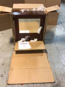 lot 43 image: Artisan 23-12 in. W x 22-34 in. H x 8 in. D Framed Rectangular Bathroom Vanity Mirror in Dark Oak by Home Decorators Collection Small Damage on Top  Customer Returns See Pictures