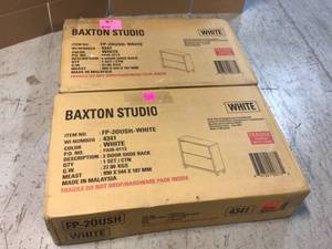 lot 54 image: Lot of 2 37 in. H x 31.1 in. W White Wood Shoe Storage Cabinet by Baxton Studio Customer Returns See Pictures