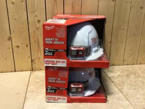lot 61 image: 450 Lumens LED SpotFlood Headlamp with Hardhat by Milwaukee Customer Returns See Pictures